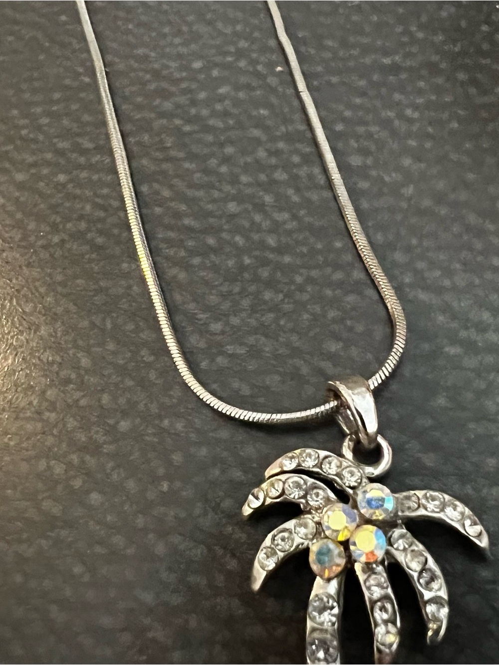 Silver Palm Tree Crystal Pendant Necklace - Silver